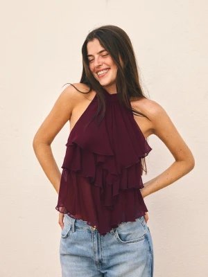 Bershka Top Halter Z Falbankami Kobieta Rubinowy