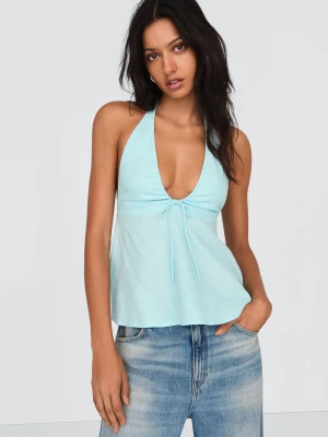 Bershka Top Halter Z Lnem Kobieta Turkusowy