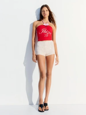 Bershka Top Halter Z Nadrukiem W Kwiaty Kobieta Czerwony