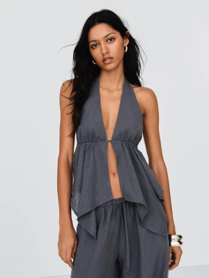 Bershka Top Halter Z Wiązaniem Kobieta Ciemnoszary