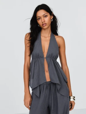 Bershka Top Halter Z Wiązaniem Kobieta Ciemnoszary