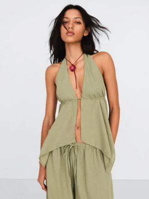 Bershka Top Halter Z Wiązaniem Kobieta Khaki