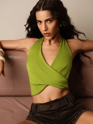 Bershka Top Halter Z Wiązaniem Kobieta Zielony