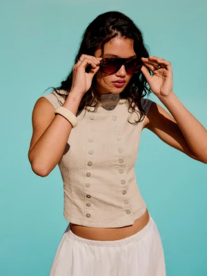 Zdjęcie produktu Bershka Top Jeansowy Z Podwójnym Zapięciem Na Guziki Kobieta Wielbłądzi