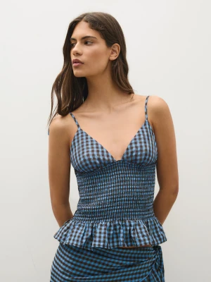 Bershka Top Na Ramiączkach W Kratę Z Krepy Kobieta Niebieski