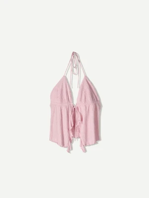Bershka Top Na Ramiączkach Z Dekoltem Halter I Falbanami Kobieta Różowy