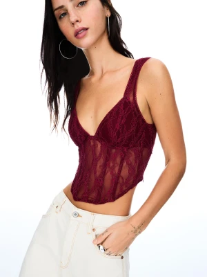 Bershka Top Na Ramiączkach Z Koronką Blonda Kobieta Rubinowy