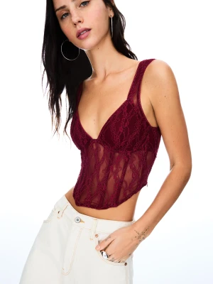 Bershka Top Na Ramiączkach Z Koronką Blonda Kobieta Rubinowy