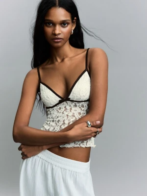 Bershka Top Na Ramiączkach Z Koronką I Kokardą Kobieta Biały Złamany