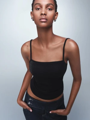 Bershka Top Na Ramiączkach Z Metalizowaną Nicią Kobieta Czarny