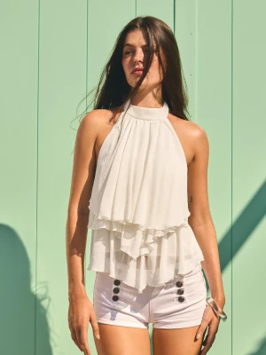 Bershka Top Typu Halter Z Falbankami Kobieta Kremowy