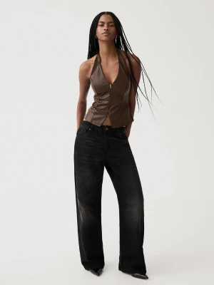 Bershka Top Typu Halter Ze Sztucznej Skóry Zapinany Na Zamek Kobieta Brązowy