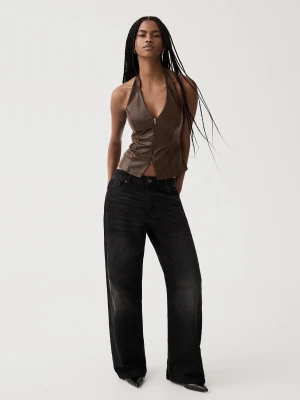 Bershka Top Typu Halter Ze Sztucznej Skóry Zapinany Na Zamek Kobieta Brązowy