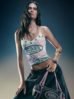 Bershka Top Von Dutch Z Dekoltem Halter I Oczkami Kobieta Biały Złamany