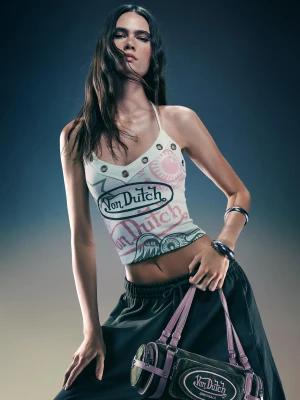 Bershka Top Von Dutch Z Dekoltem Halter I Oczkami Kobieta Biały Złamany