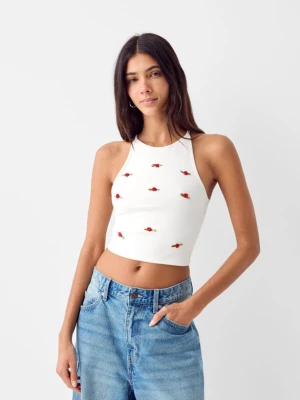 Bershka Top W Kwiaty Z Dekoltem Halter Kobieta Kremowy