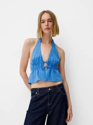 Bershka Top W Paski Z Dekoltem Halter Kobieta Niebieski