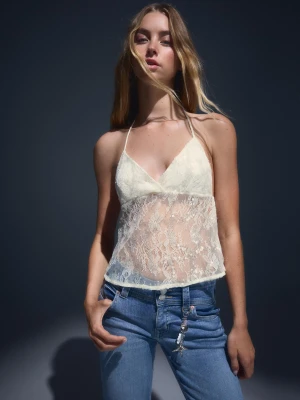Zdjęcie produktu Bershka Top Z Dekoltem Halter Z Koronką I Cekinami Kobieta Biały Złamany