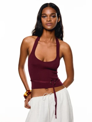 Bershka Top Z Dekoltem Halter I Kółkiem Kobieta Bordowy
