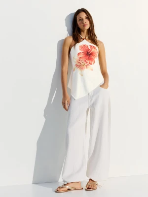 Bershka Top Z Dekoltem Halter I Nadrukiem Kobieta Biały Złamany