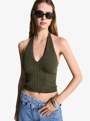 Bershka Top Z Dekoltem Halter I Warkoczem Kobieta Zielony