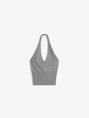 Bershka Top Z Dekoltem Halter Z Prążkowanej Dzianiny Rib Kobieta Szary