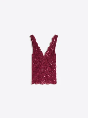 Bershka Top Z Dekoltem W Serek, Koronką I Cekinami Kobieta Rubinowy