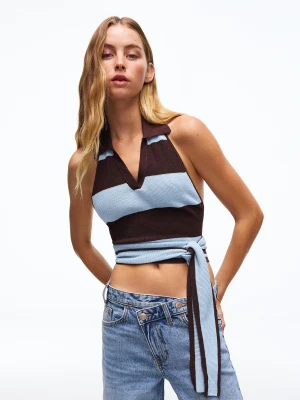 Bershka Top Z Kołnierzykiem Polo I Węzłem Z Tyłu Kobieta Niebieski