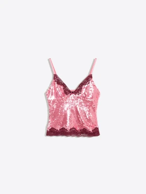 Bershka Top Z Koronką I Cekinami Na Cienkich Ramiączkach Kobieta Różowy