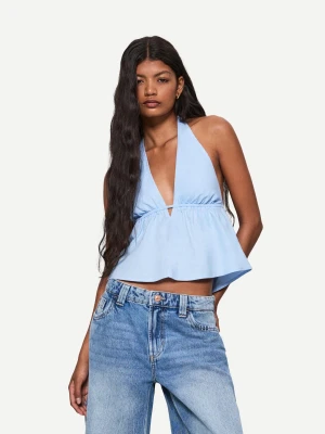Bershka Top Z Mieszanki Lnu Z Dekoltem Halter Kobieta Jasny Niebieski