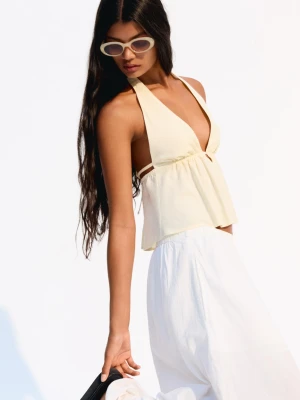 Bershka Top Z Mieszanki Lnu Z Dekoltem Halter Kobieta Żółty