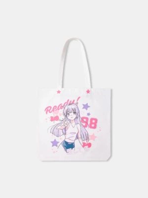 Bershka Torba Shopper Z Nadrukiem Anime Kobieta Biały