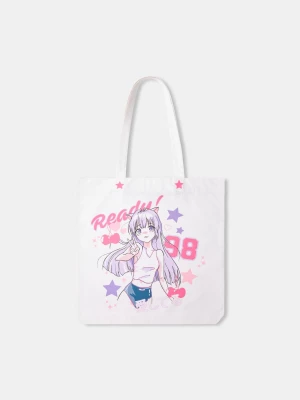 Bershka Torba Shopper Z Nadrukiem Anime Kobieta Biały