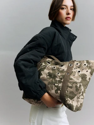 Bershka Torba Typu Shopper Z Oczkami Kobieta Khaki