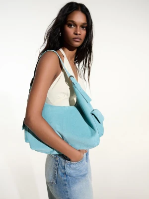 Bershka Torba Typu Worek Efekt Zamszu Kobieta Turkusowy