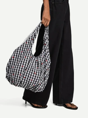 Bershka Torba W Kratkę Vichy Z Haftem W Kwiaty Kobieta Czarny