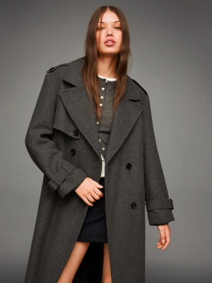 Bershka Trencz Oversize Z Wełną Kobieta Szary