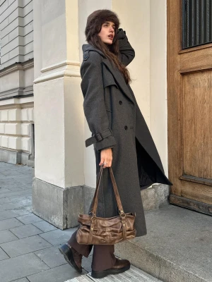 Bershka Trencz Oversize Z Wełną Kobieta Szary