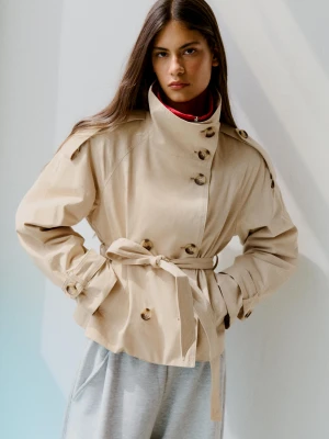 Bershka Trencz Z Kołnierzem Typu Funnel Kobieta Piaskowy