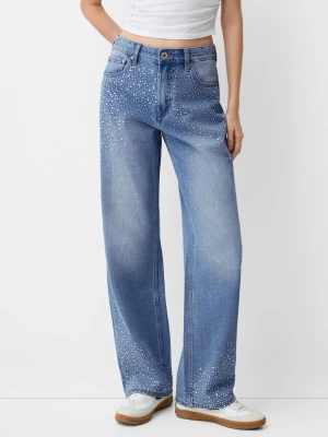 Bershka Jeansy Wide Leg Z Dżetami W Stylu 90'S Kobieta Niebieski