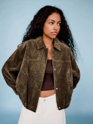 Bershka Zamszowa Kurtka Trucker Kobieta Xs-S Khaki