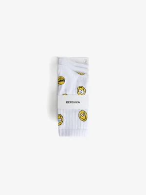 Bershka Zestaw 3 Par Skarpetek Z Nadrukiem Mężczyzna Biały