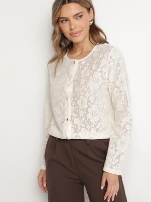 Beżowa Bawełniana Ażurowa Bluzka na Guziki Faneonia rosa