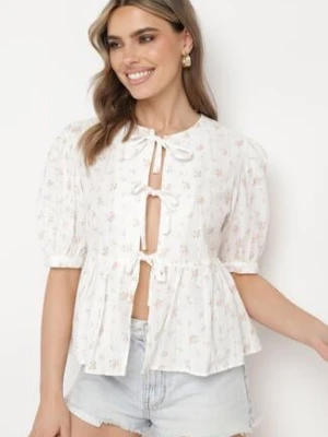 Beżowa Bawełniana Bluzka Koszulowa z Krótkim Rękawem z Wiązaniem z Przodu i Falbanką Zisaa retro & icone