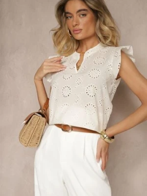 Beżowa Bawełniana Bluzka Ozdobiona Falbankami i Ażurowym Wzorem Grelzeki defox