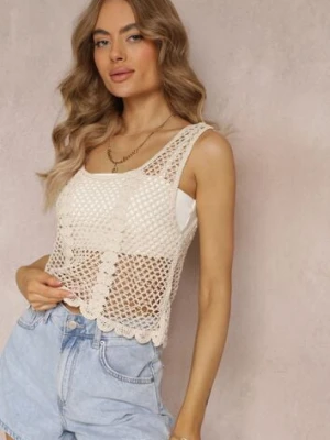 Zdjęcie produktu Beżowa Bawełniana Bluzka Top w Szydełkowym Stylu Aphia Rosa