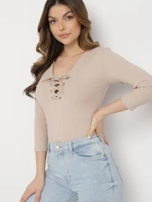 Beżowa Bawełniana Bluzka w Prążki z Gorsetowym Wiązaniem Przy Dekolcie Jarelis las garras