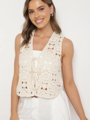 Beżowa Bawełniana Bluzka z Ażurowej Tkaniny z Wiązaniem Banenia rosa