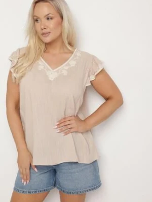 Beżowa Bawełniana Bluzka z Ozdobnym Haftem i Falbankami Dolivra melya by melody