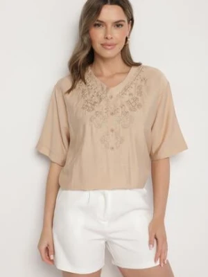 Beżowa Bawełniana Bluzka z Ozdobnym Haftem Rinevra j&x